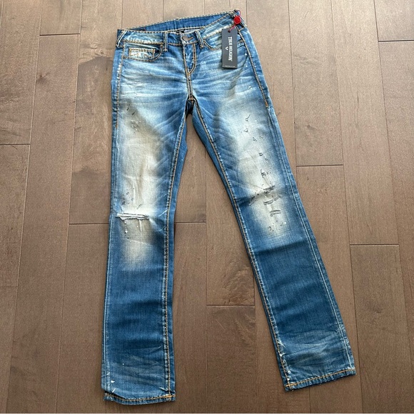 TRUE RELIGION Billie Straight Cable Stitch Mid Rise Faded Distressed Size 28 New